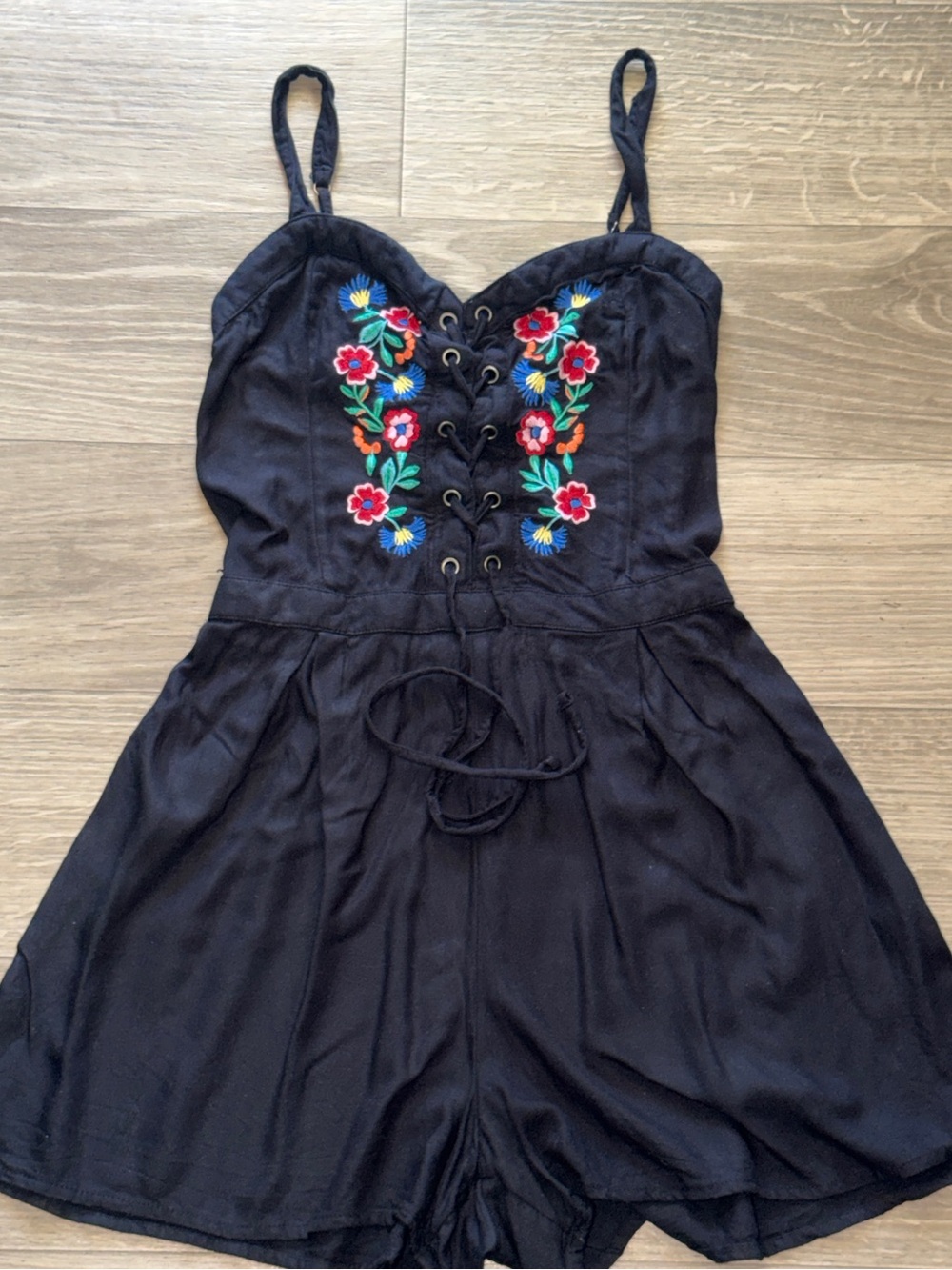 Hollister Blue Sleeveless Romper with Colorful Floral Embroidery